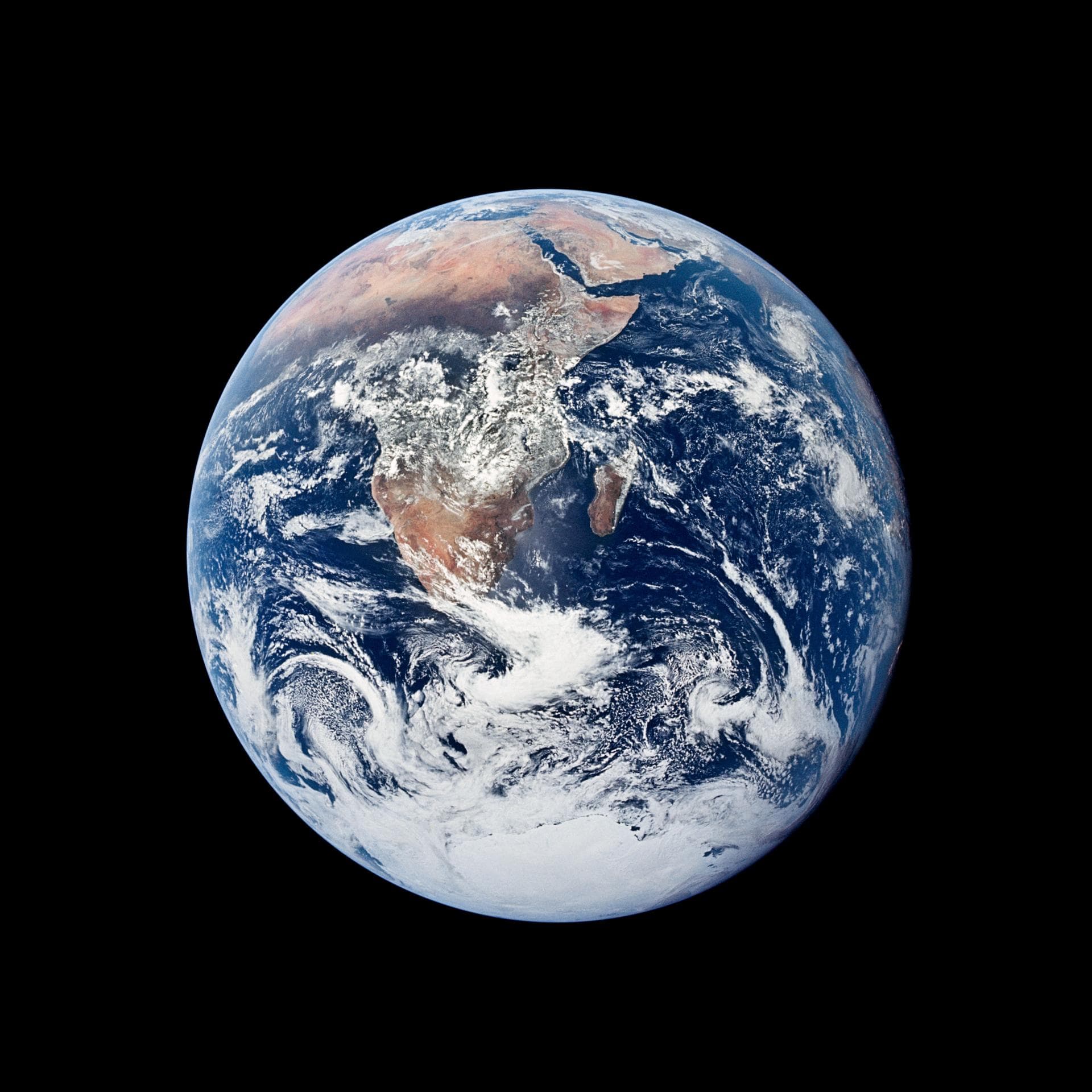 Earth seen by the Apollo 17 crew on December 7, 1972, from the Mediterranean Sea to the Antarctic ice cap.