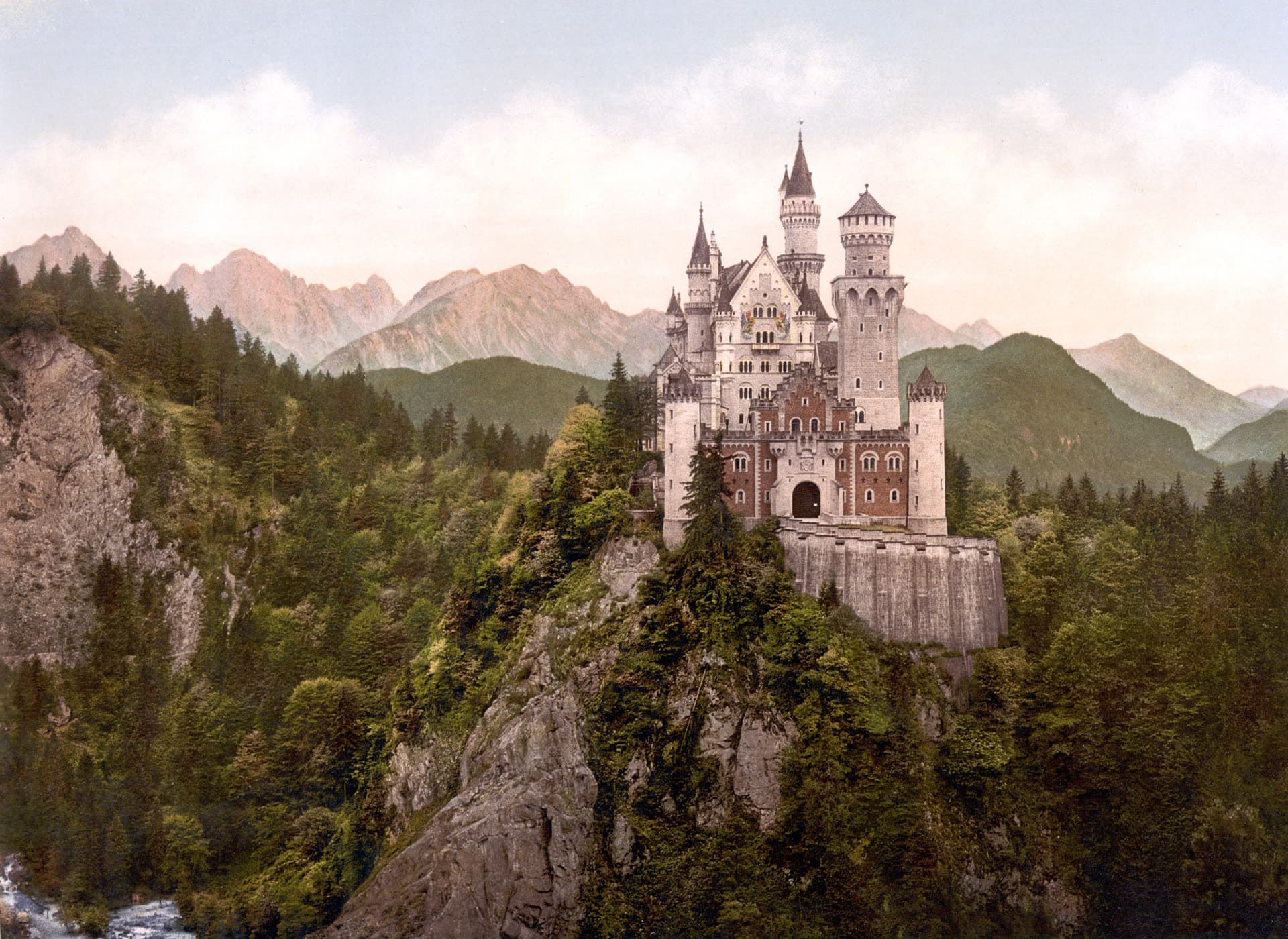 Neuschwanstein castle on a wooded ridge, from a Library of Congress print.