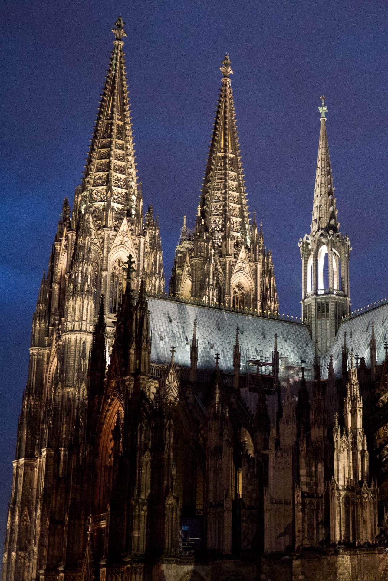 Cologne Cathedral’s spires at night.