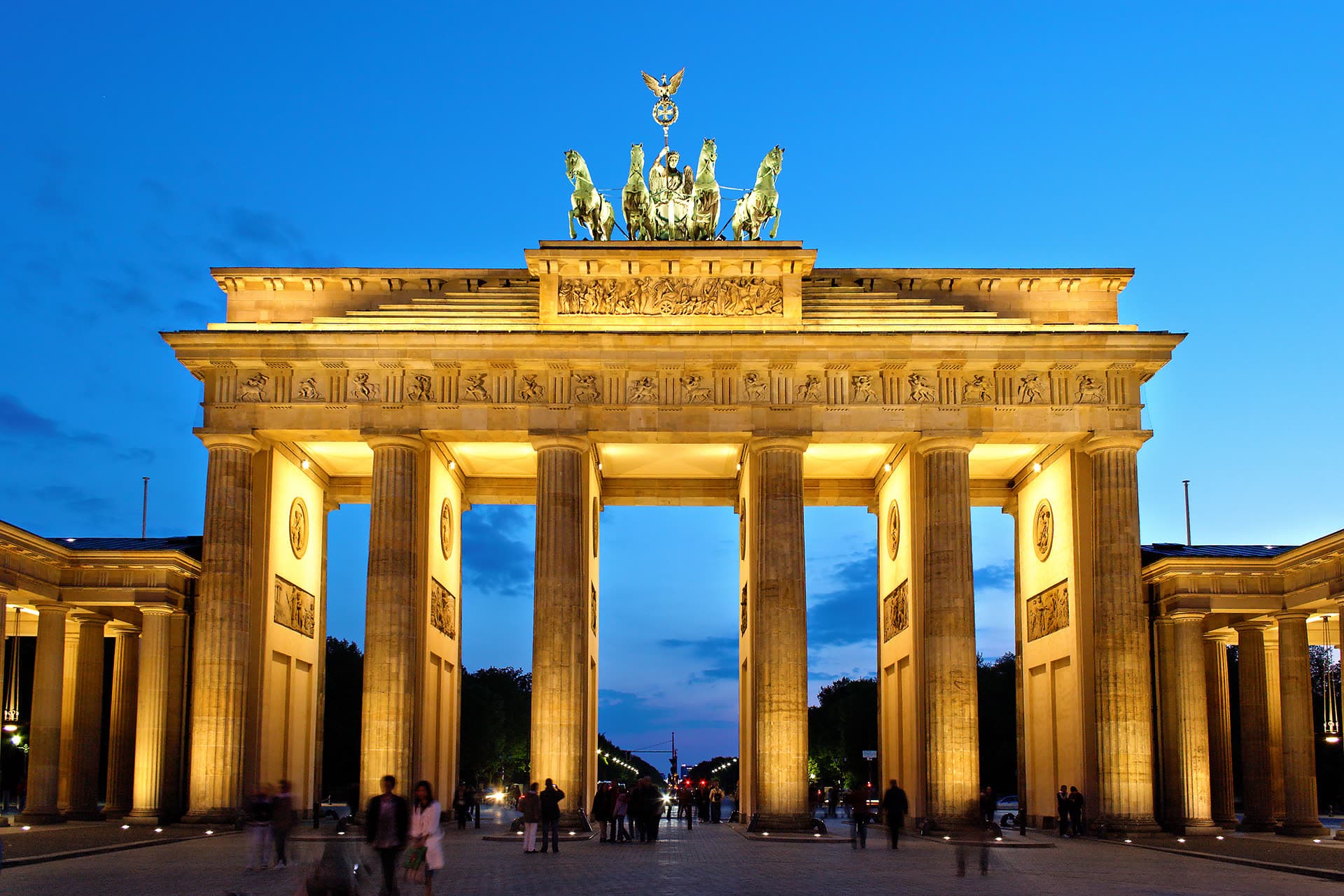 The Brandenburg Gate in Berlin, photographed in the evening.