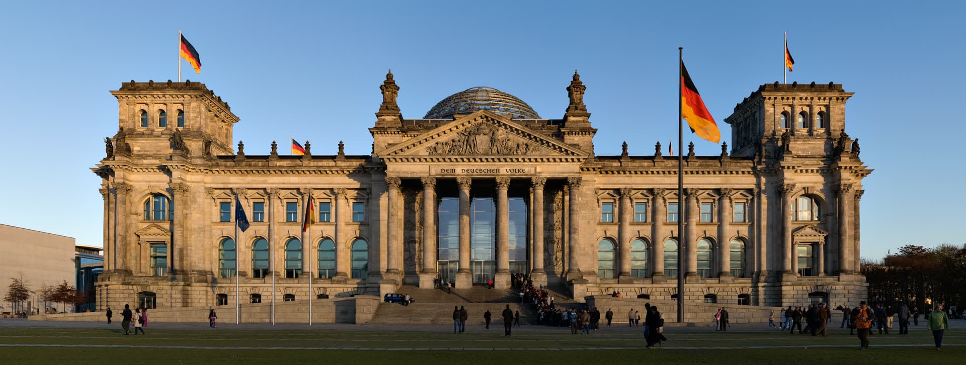 The Reichstag building in Berlin, seen from the west before sunset.