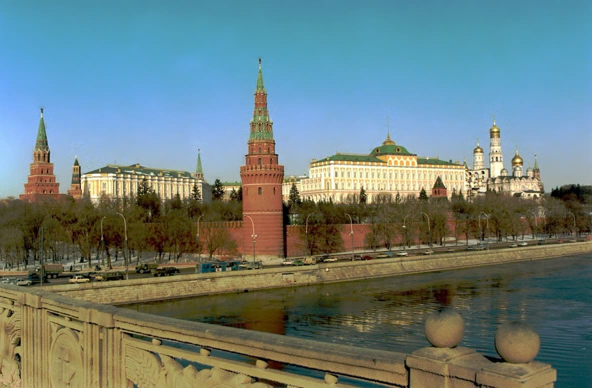 The brick walls and towers of the Moscow Kremlin.